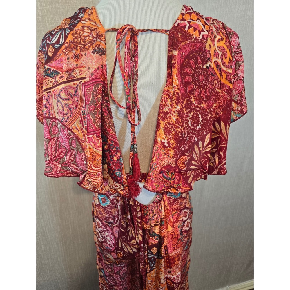 White Waves Boho Mixed Print Wide Leg Jumpsuit Open Back Tassel Burgundy S/M - Picture 5 of 15